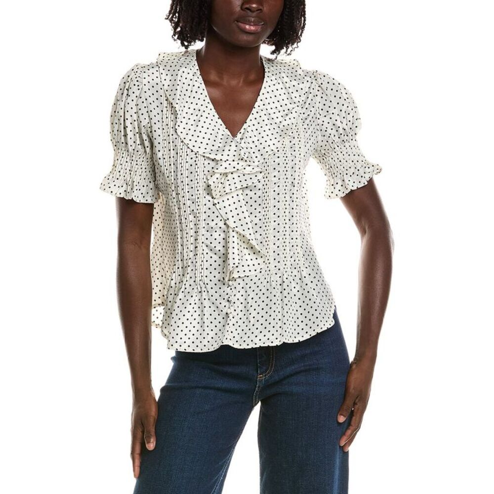 T Tahari Womens  Short Gathered Sleeve Ruffle Top, White